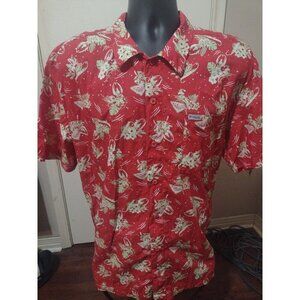 COLUMBIA PFG Red Christmas Light Print Short Sleeve Button Down Shirt Large L